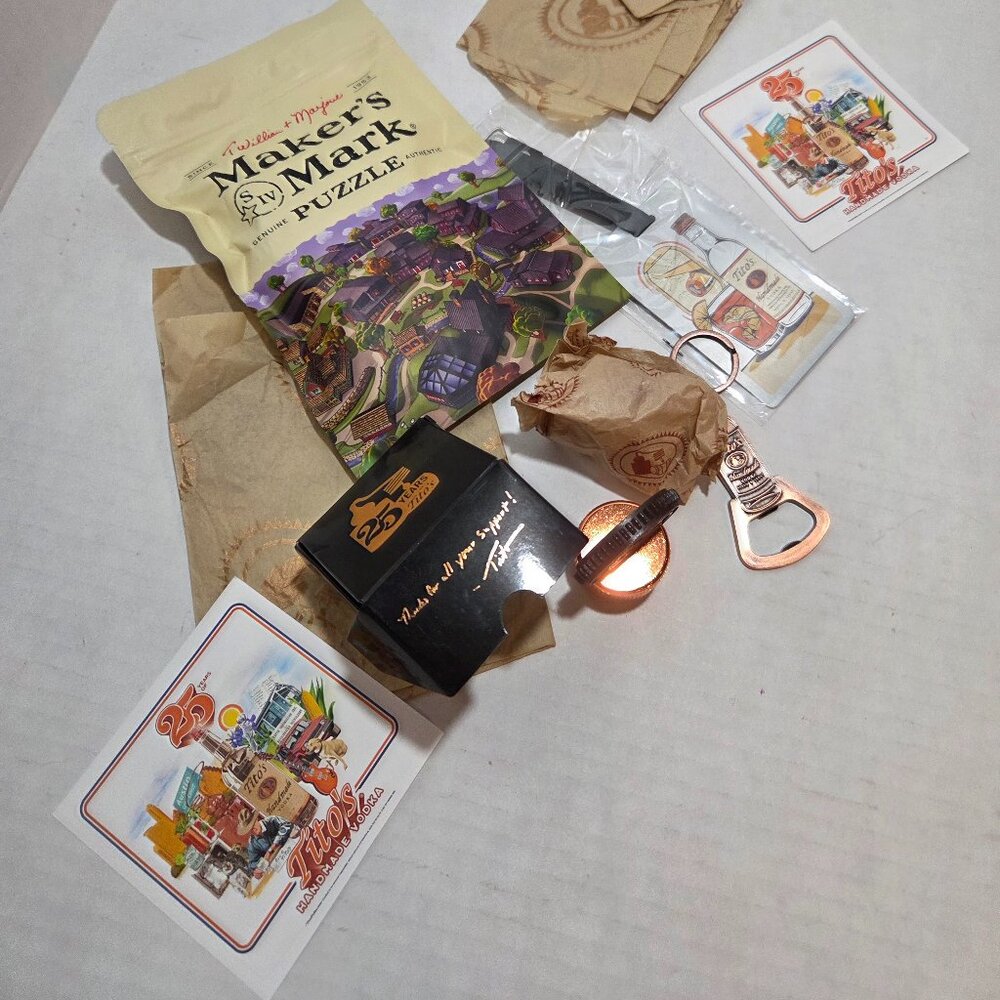 Tito's Handmade vodka accessories and Makers Mark puzzle